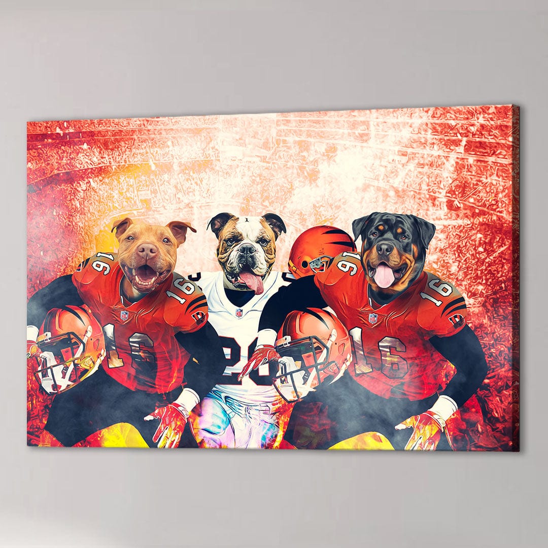 Custom canvas of three dogs in Cincinnati Bengals football uniforms, holding helmets.