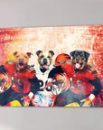 Custom canvas of three dogs in Cincinnati Bengals football uniforms, holding helmets.