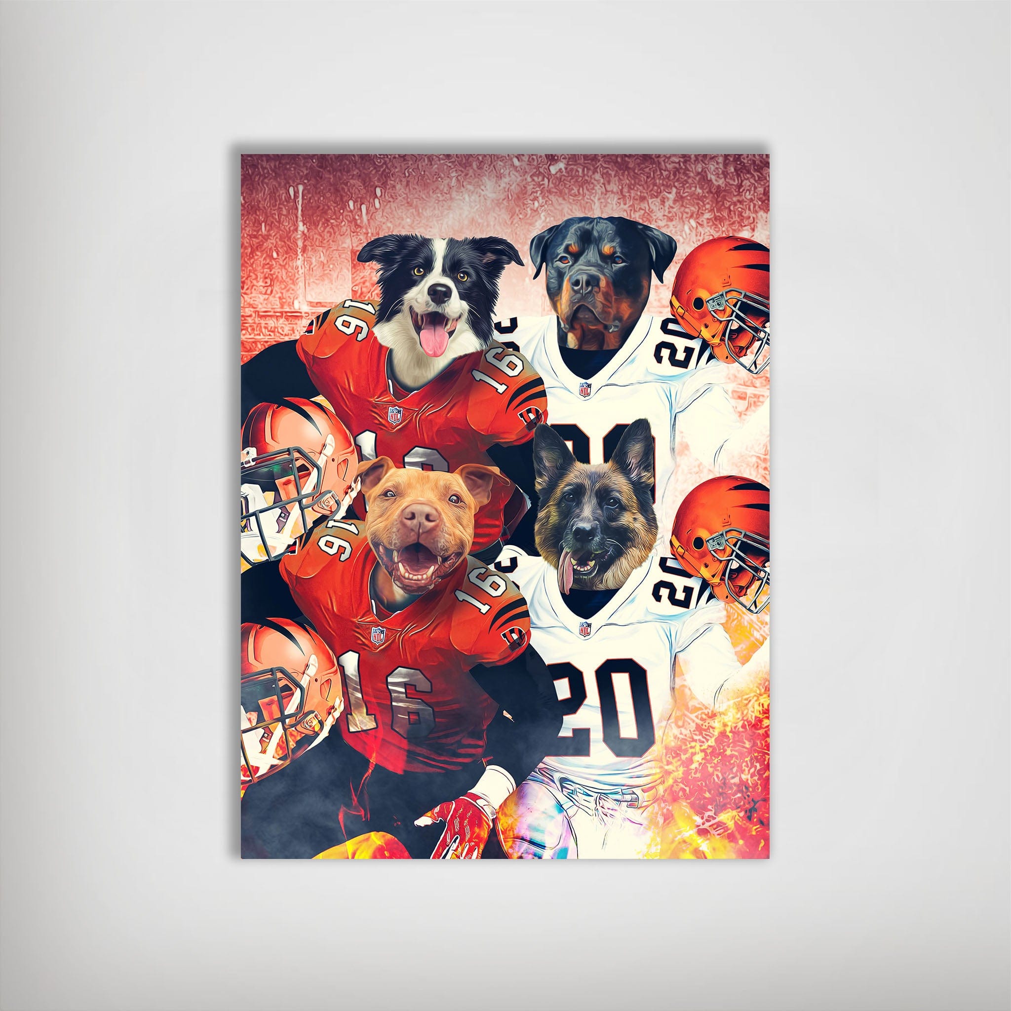Personalized 4-pet poster featuring dogs in Cincinnati football jerseys and helmets against a red and orange background.