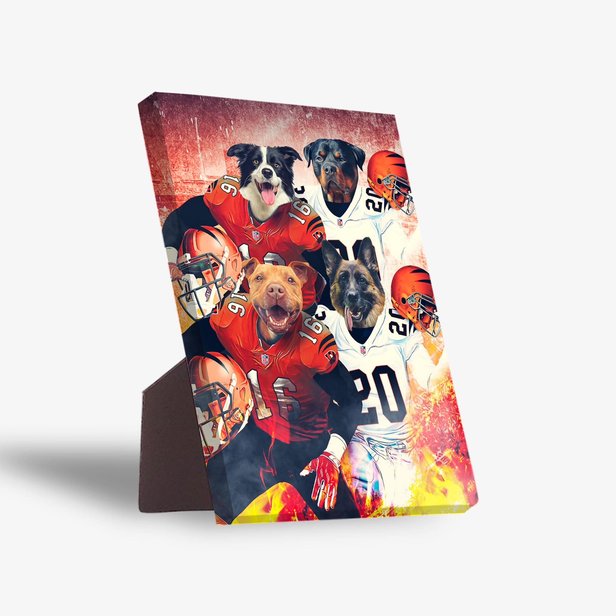 Personalized 4-pet standing canvas featuring dogs in Cincinnati Doggos football uniforms.