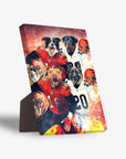 Personalized 4-pet standing canvas featuring dogs in Cincinnati Doggos football uniforms.