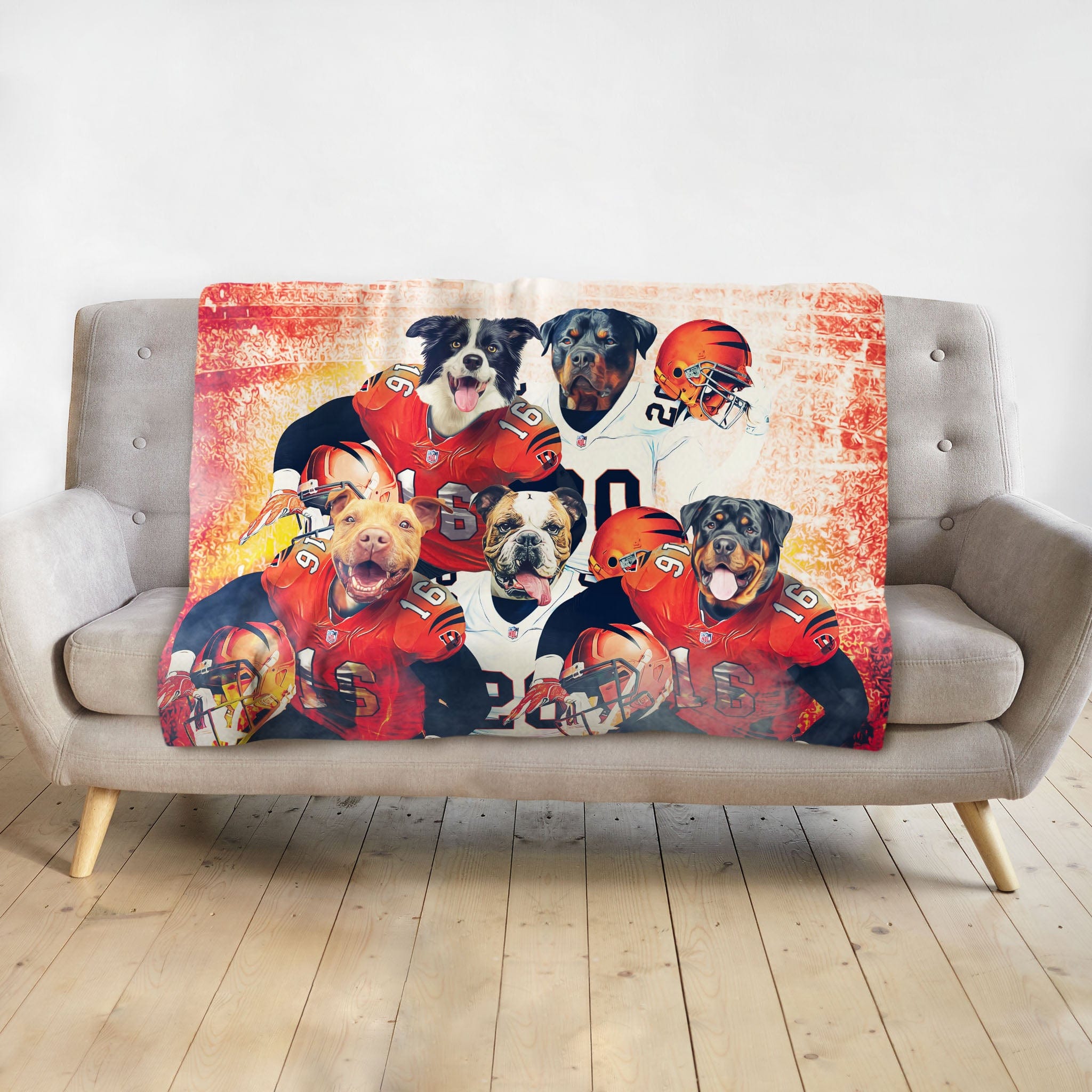 Personalized minky blanket with five dogs in football uniforms, Cincinnati Bengals style.