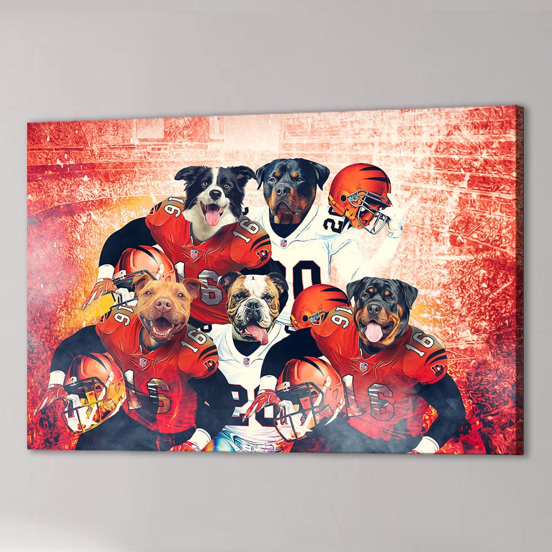 Custom 5-pet canvas featuring dogs in Cincinnati football uniforms against a stadium backdrop.