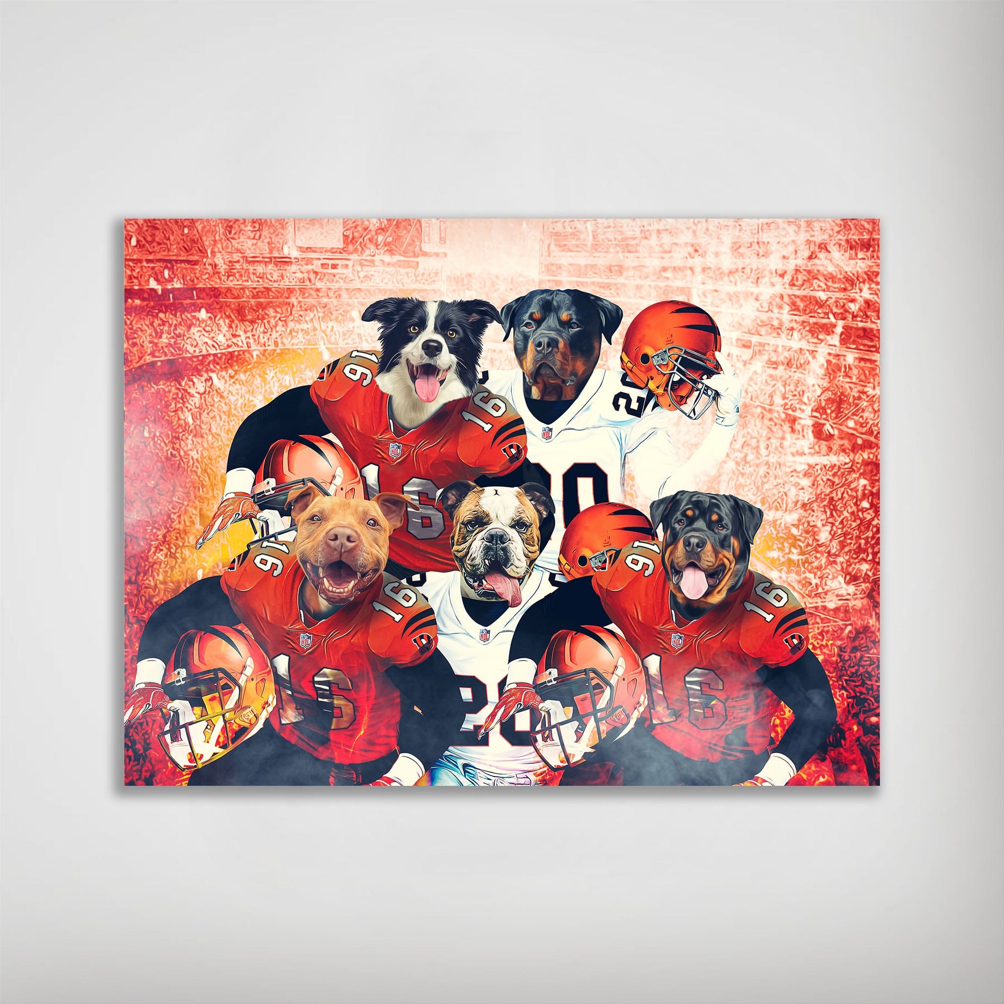 Personalized 5-pet poster featuring dogs in orange and white football uniforms against a stadium backdrop.