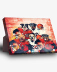 Personalized 5-pet standing canvas featuring dogs in red and white football jerseys and helmets.