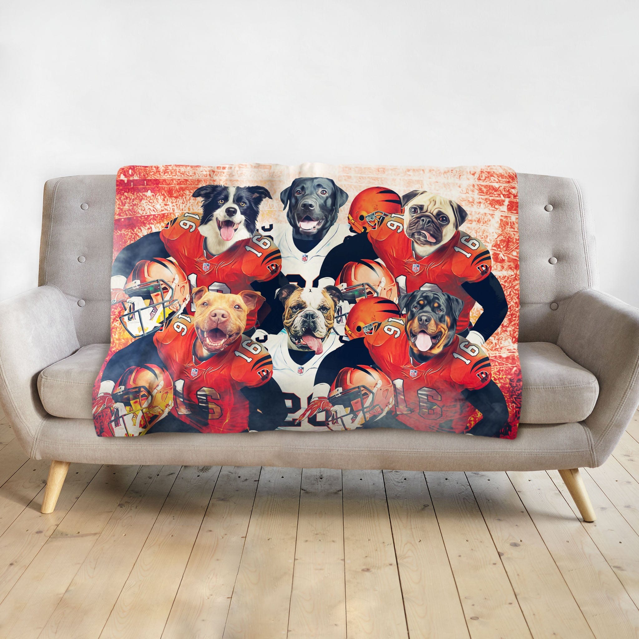 Personalized pet blanket with 6 dogs in football uniforms against a red distressed background.