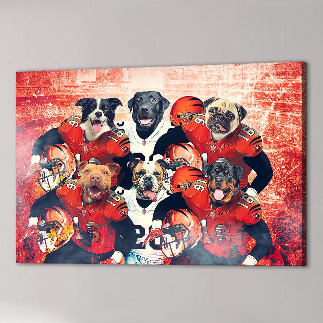 Personalized 6-pet canvas featuring dogs in red and white football uniforms on a stadium background.