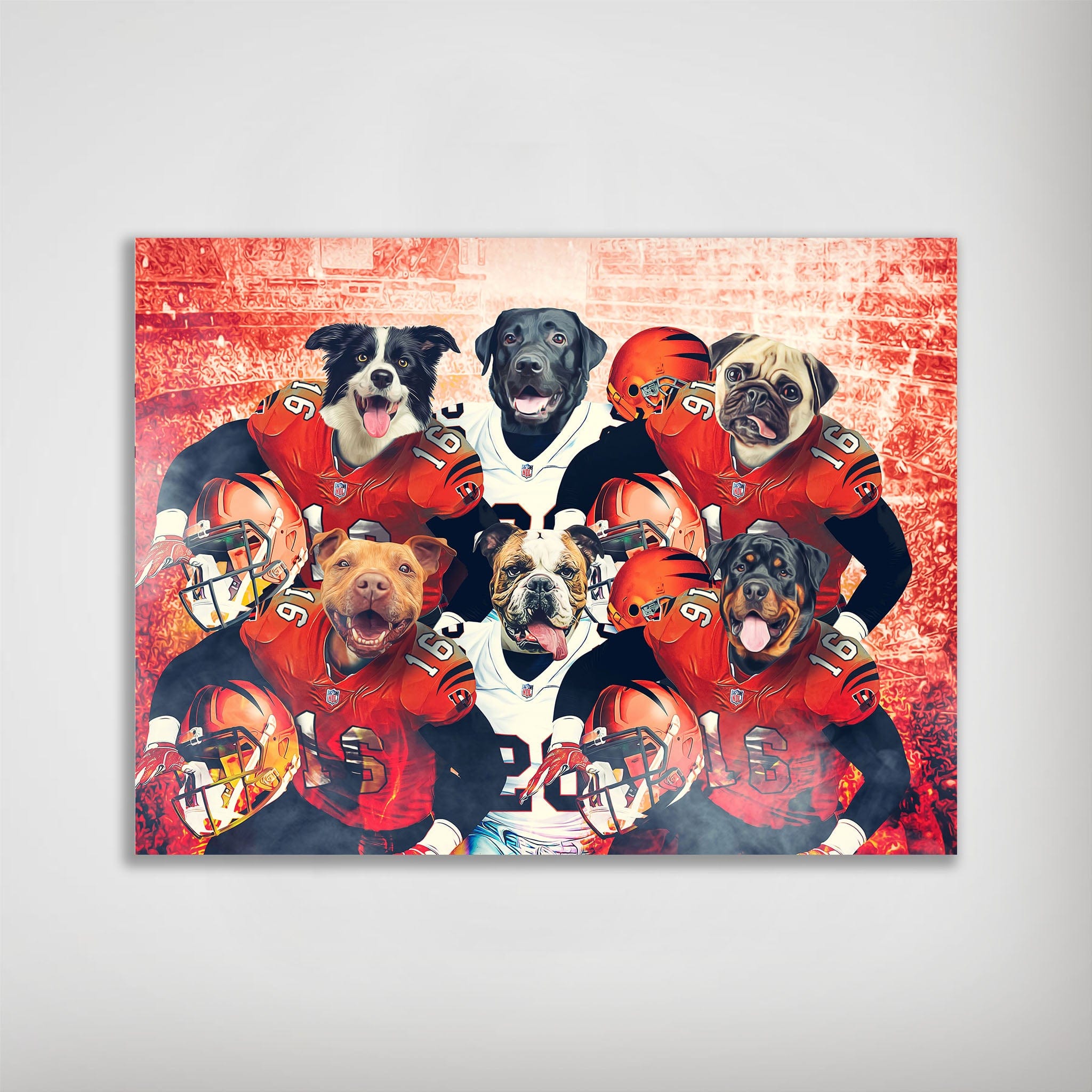 Personalized 6-pet poster featuring dogs in red and white football uniforms, set against a stadium background.