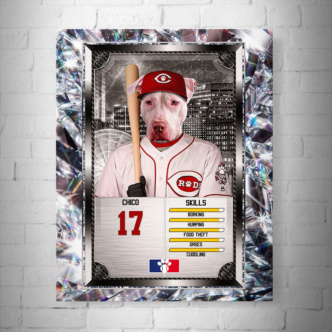 Personalized 8x10" matte poster featuring a pit bull in a Cincinnati Red Dogs baseball uniform and cap.