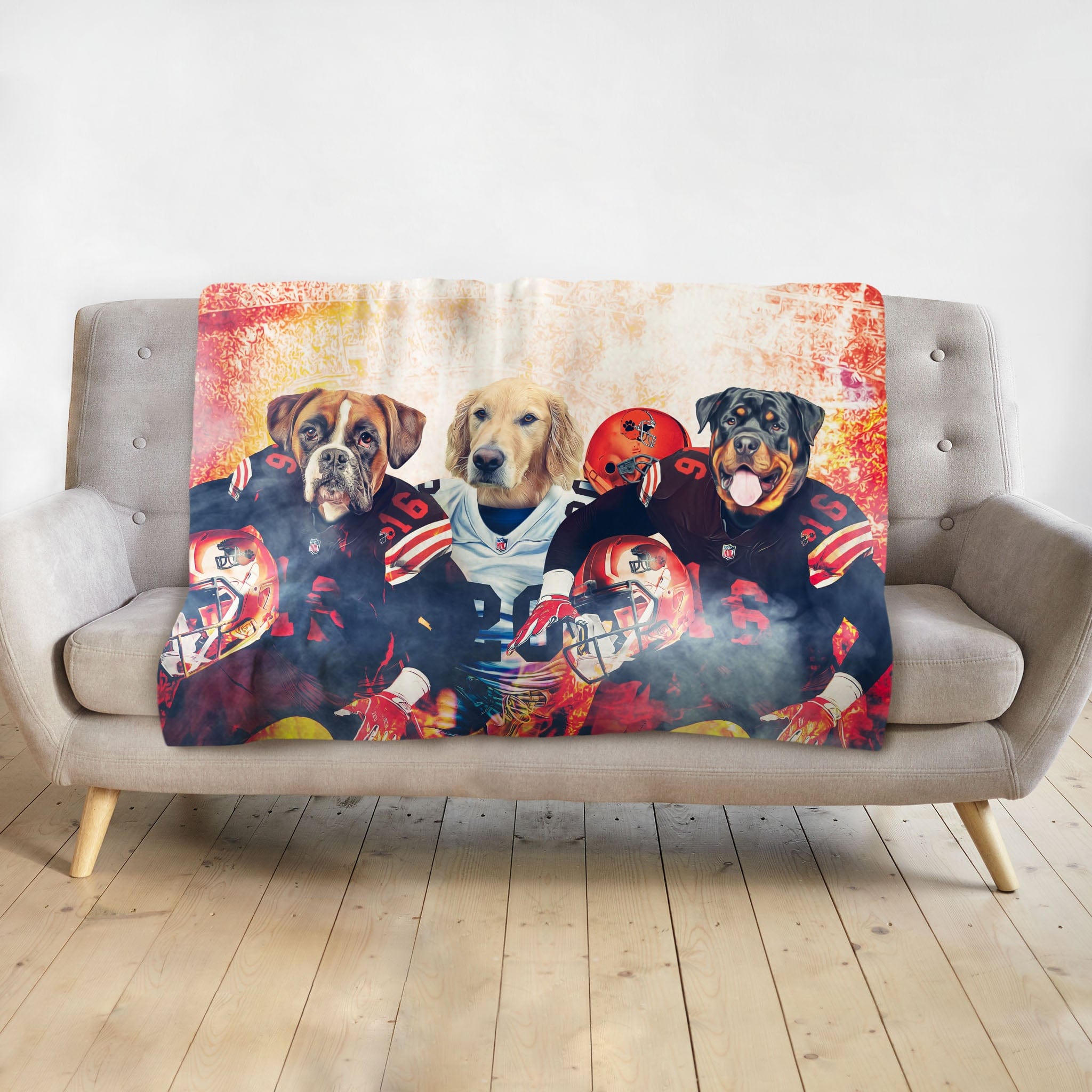 Personalized 3-pet blanket featuring dogs in football uniforms with a fiery background.