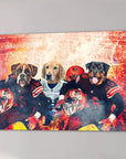 Personalized 'Cleveland Doggos' 3-pet canvas featuring a boxer, golden retriever, and rottweiler in football uniforms.