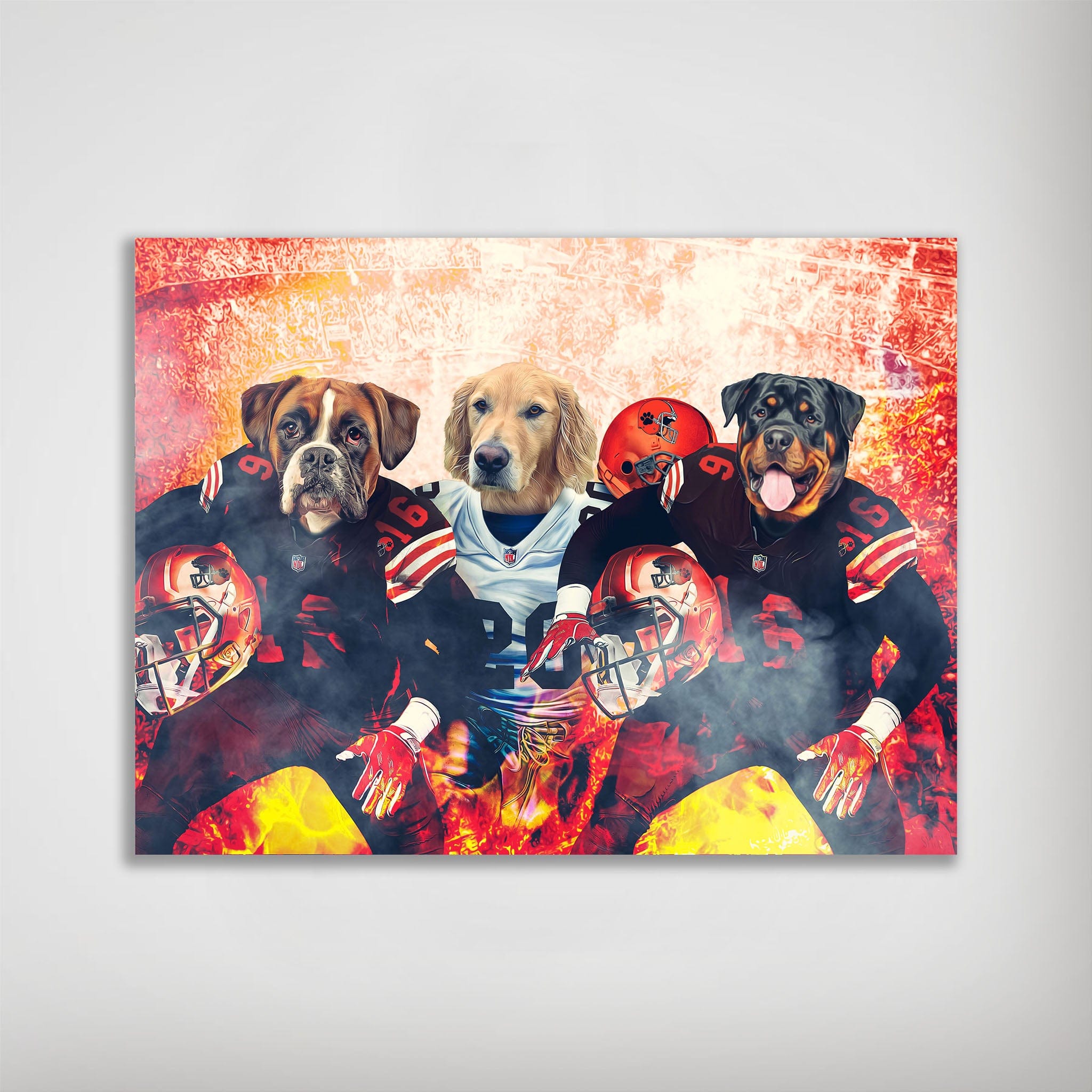 Personalized poster featuring three dogs in Cleveland Browns football uniforms with helmets and fiery effects.