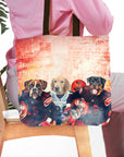 Personalized 3-pet tote bag featuring custom dog portraits in football uniforms.