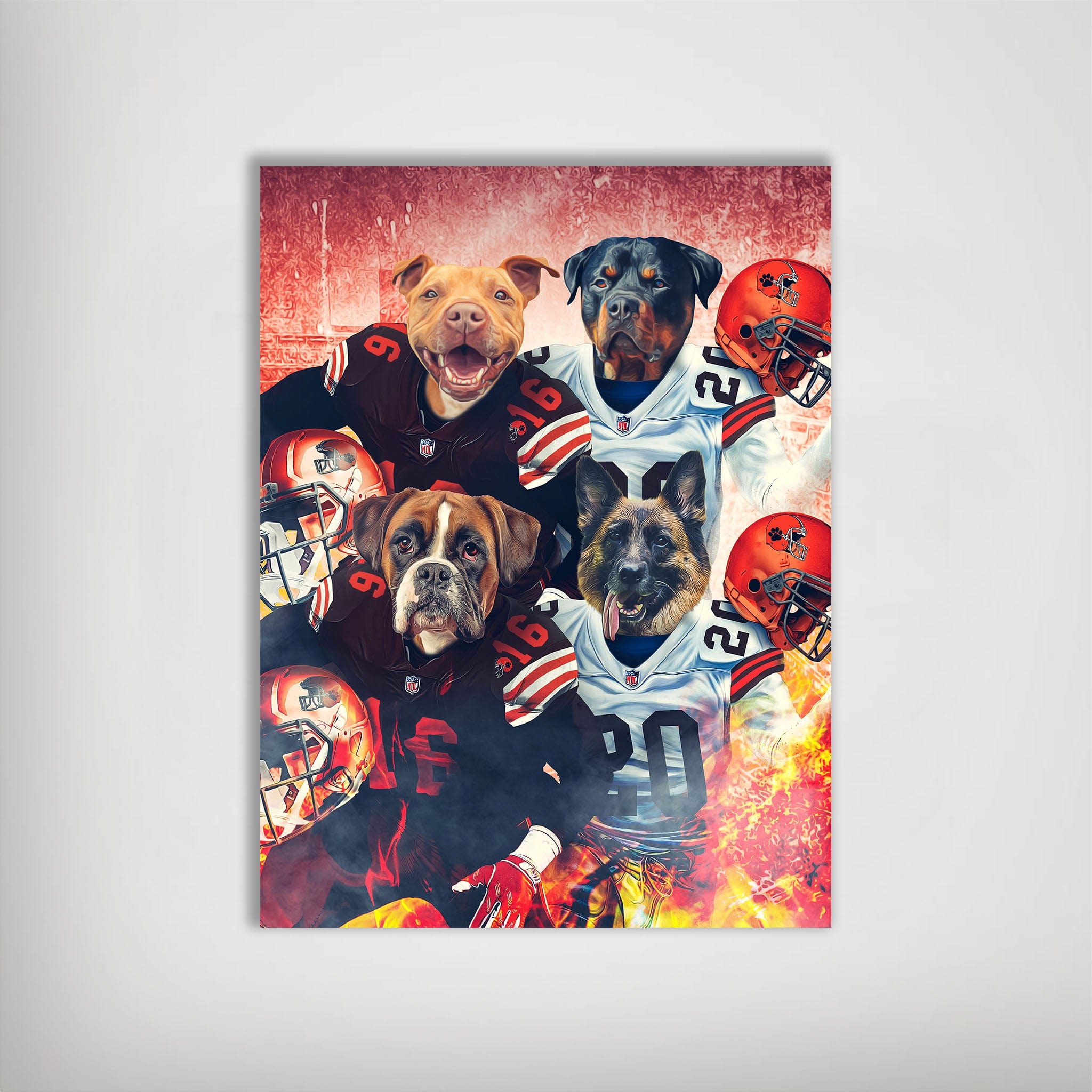 Personalized 'Cleveland Doggos' poster featuring four pets in NFL-style football uniforms and helmets.