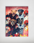 Personalized 'Cleveland Doggos' poster featuring four pets in NFL-style football uniforms and helmets.