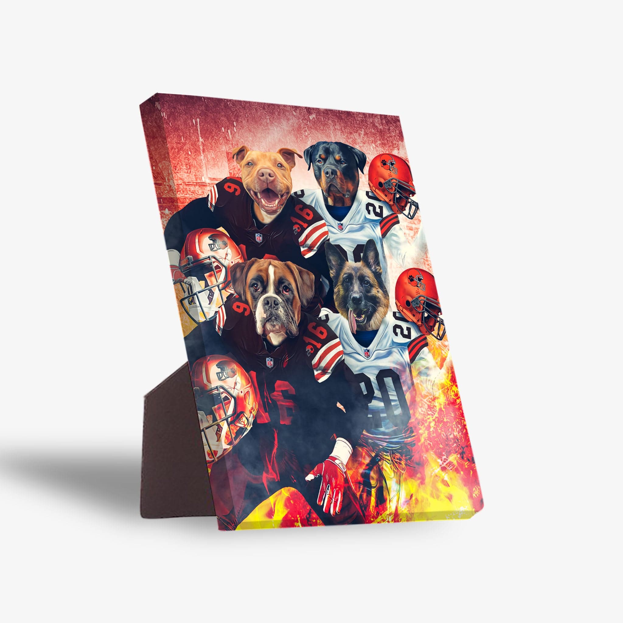 Personalized 'Cleveland Doggos' standing canvas featuring four pets in football jerseys against a fiery red background.