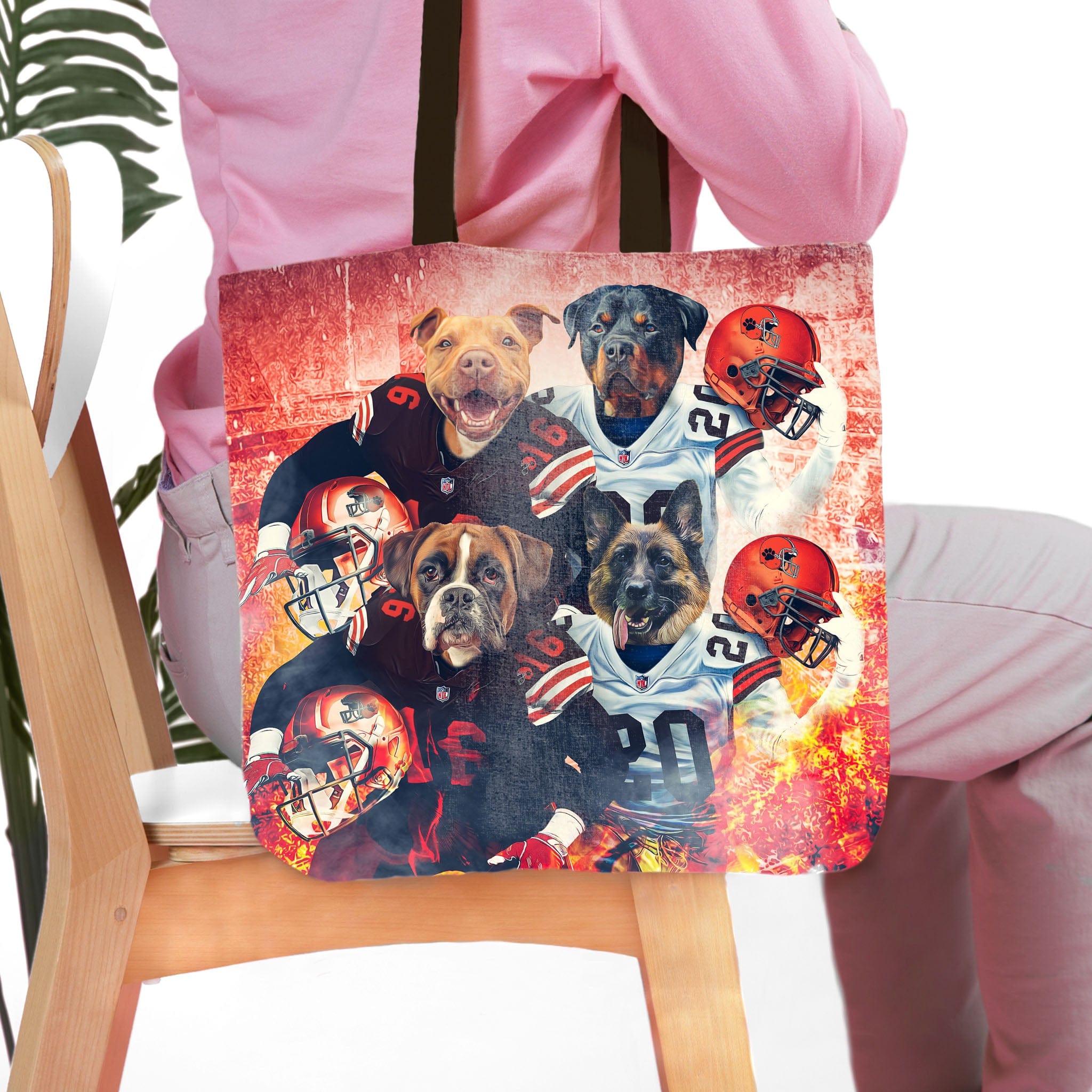 Personalized 4 pet tote bag with dogs in football uniforms and helmets on a fiery background.