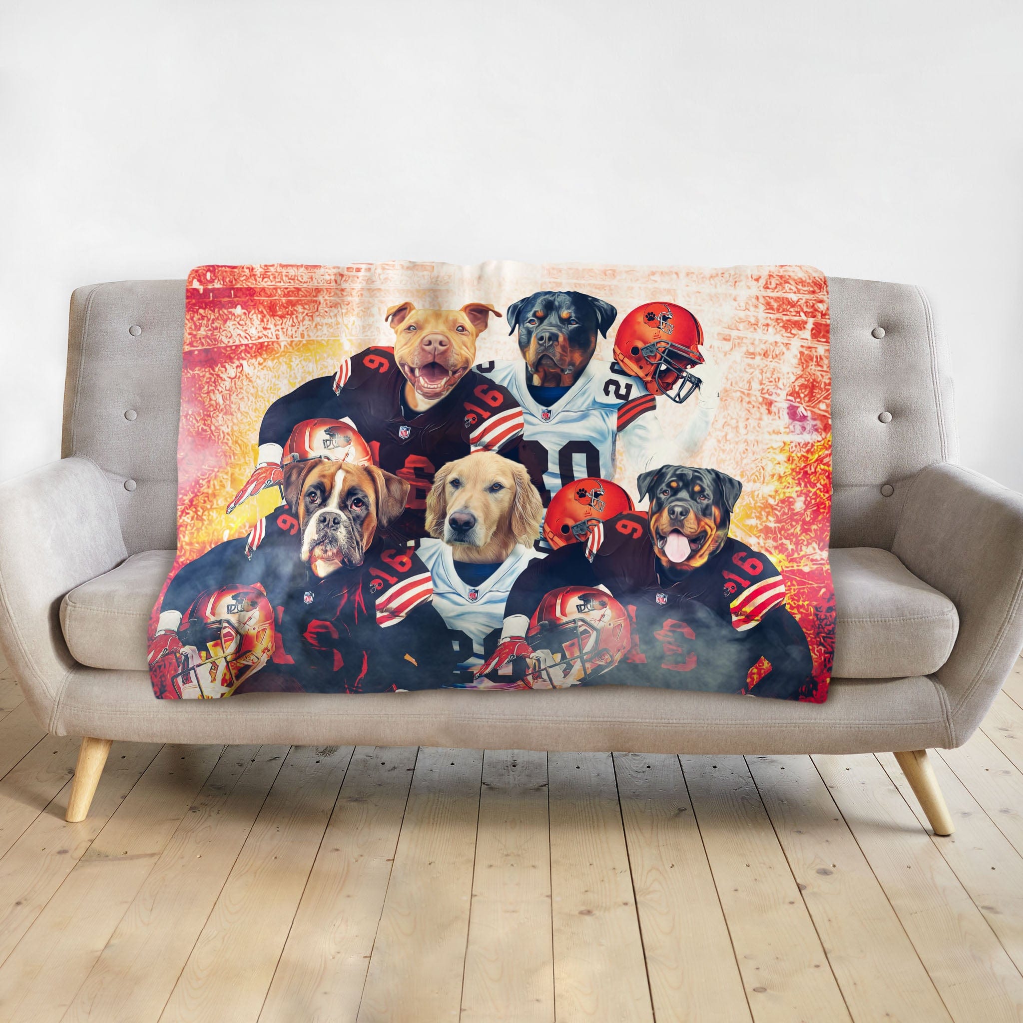 Personalized 5-pet blanket featuring dogs in football uniforms with a distressed red and orange background.