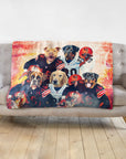 Personalized 5-pet blanket featuring dogs in football uniforms with a distressed red and orange background.