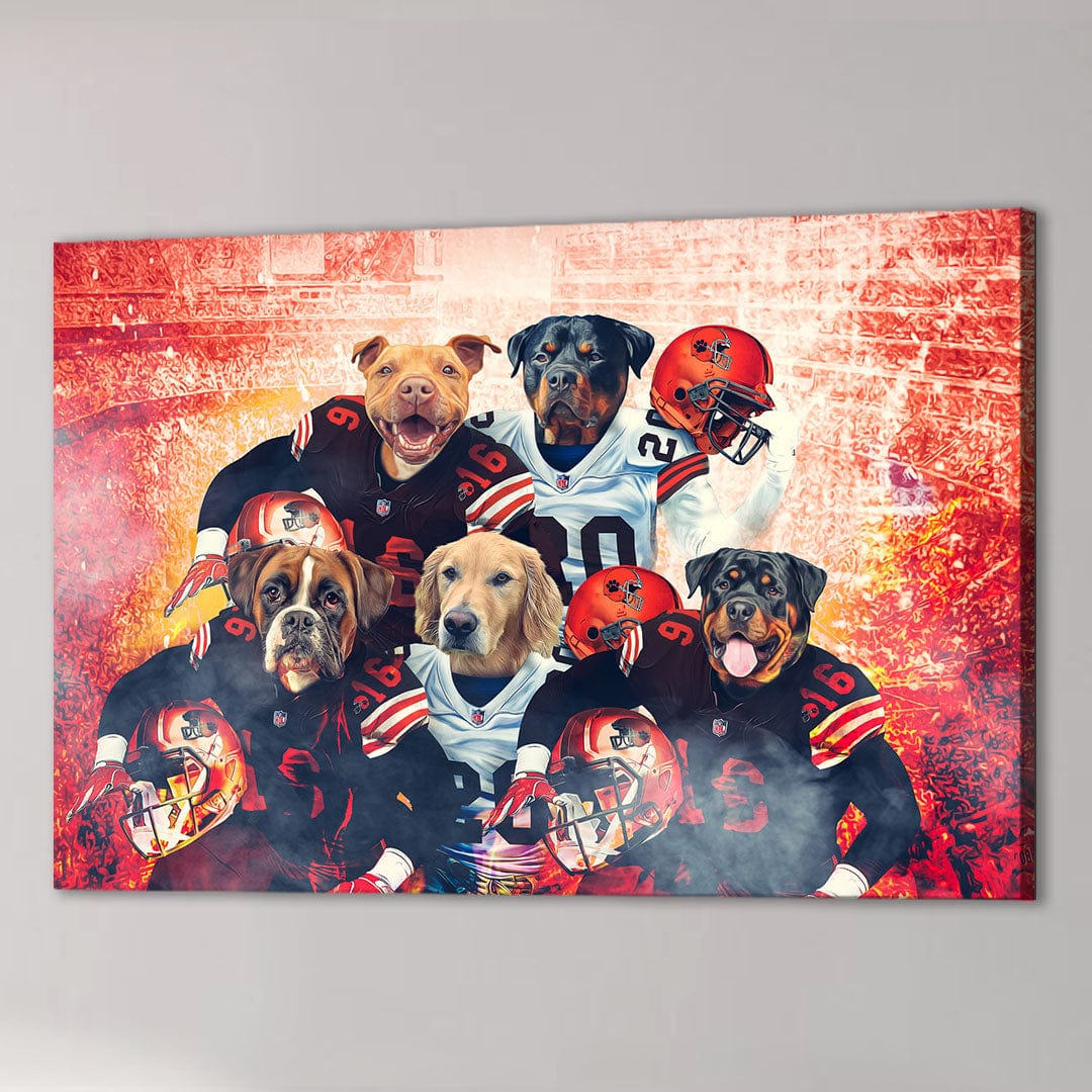 Personalized 5-pet canvas featuring dogs in football uniforms against a stadium backdrop.