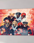 Personalized 5-pet canvas featuring dogs in football uniforms against a stadium backdrop.