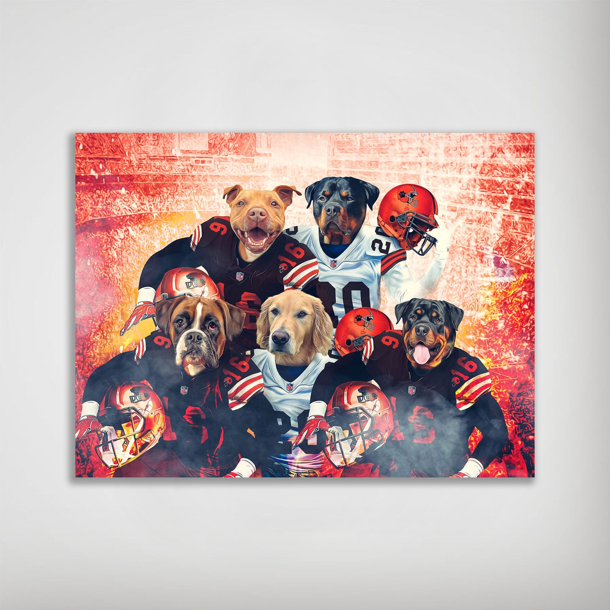 Personalized "Cleveland Doggos" poster featuring five pets as football players in brown and white jerseys.