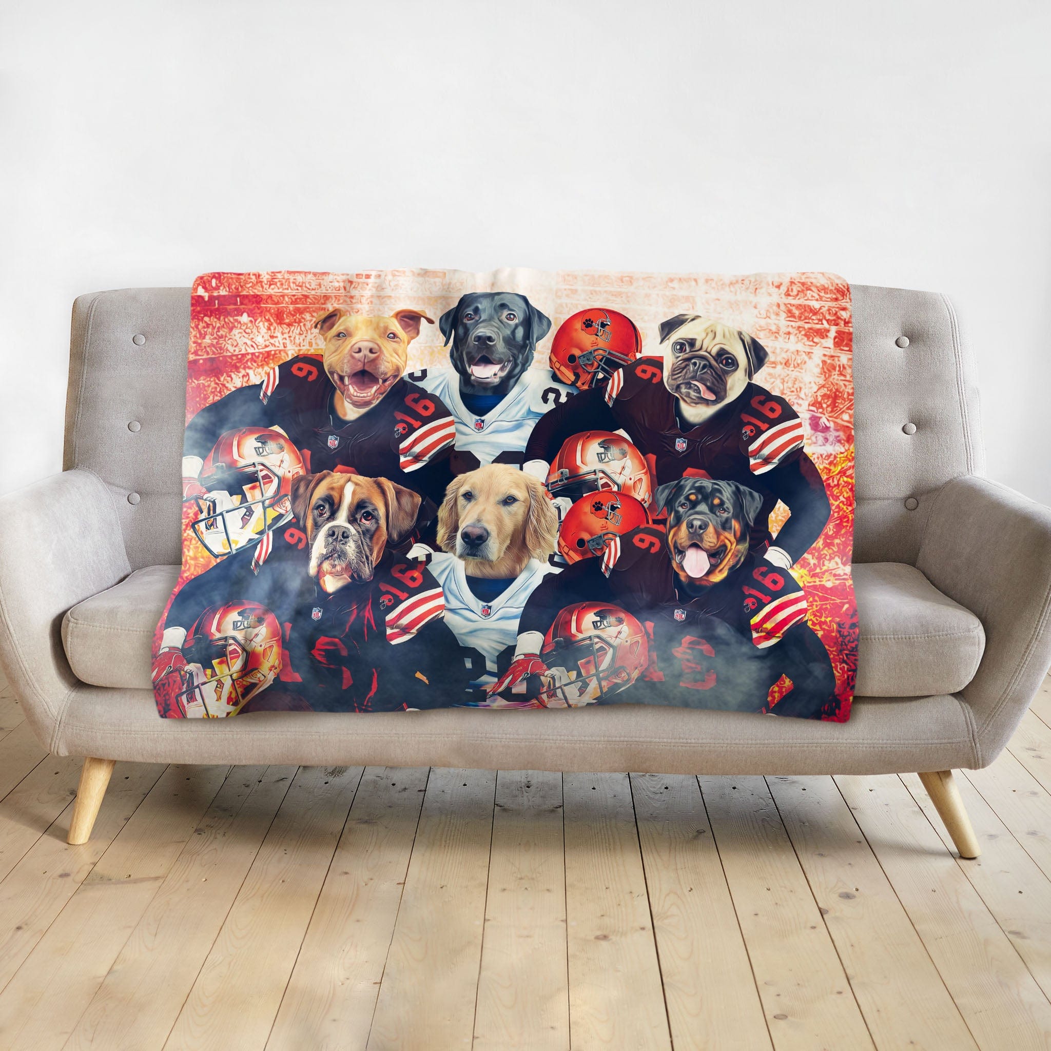 Personalized 6-pet blanket featuring dogs in football uniforms against a red brick background.