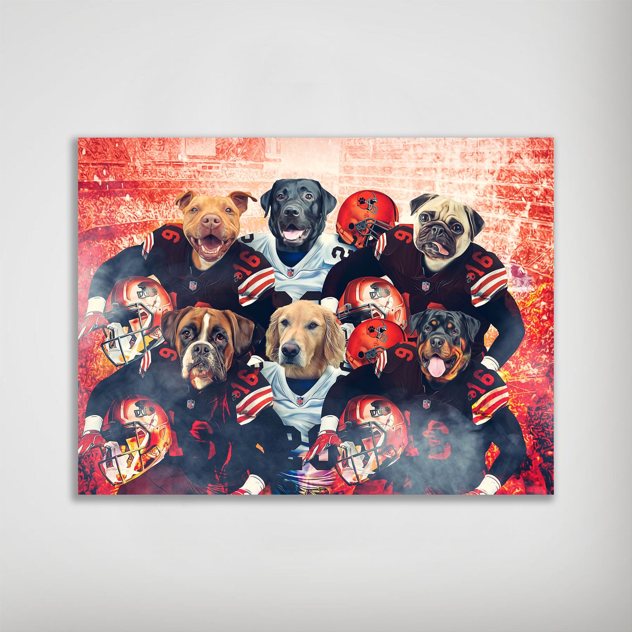 Personalized "Cleveland Doggos" poster featuring six pets as football players in brown and white uniforms.