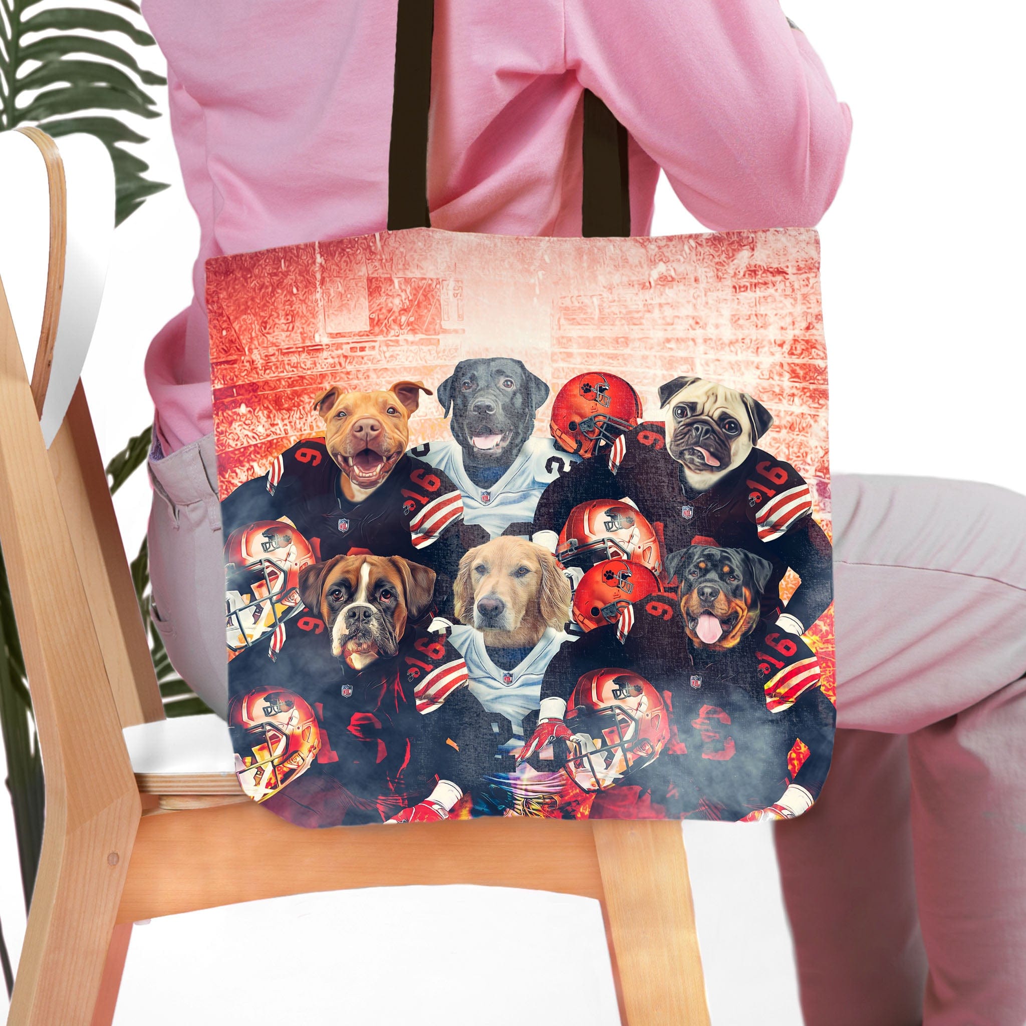 Personalized 6-pet tote bag featuring dogs in Cleveland football uniforms.