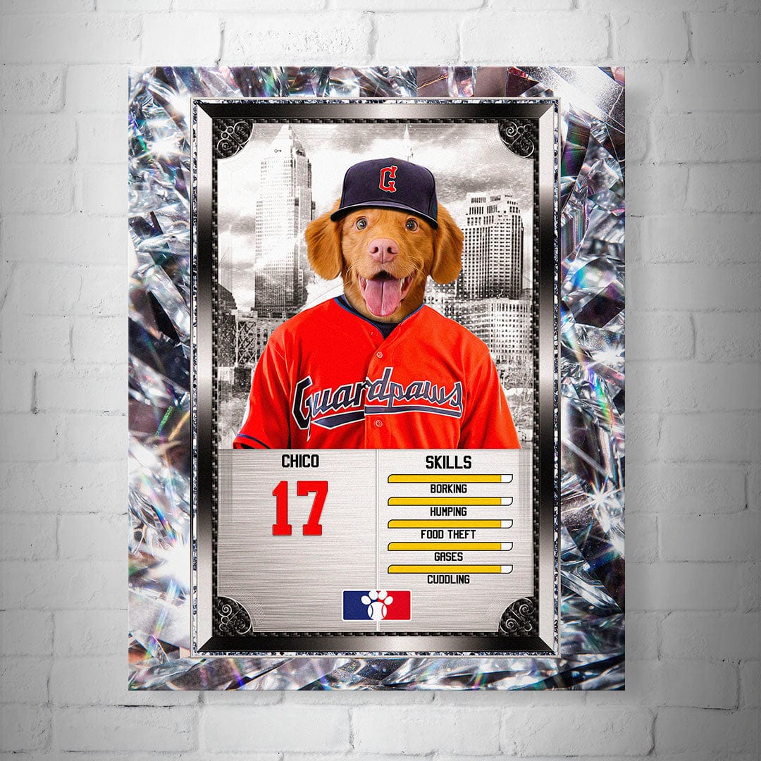 Personalized 8x10" matte baseball trading card poster featuring a dog in a red jersey and blue cap.