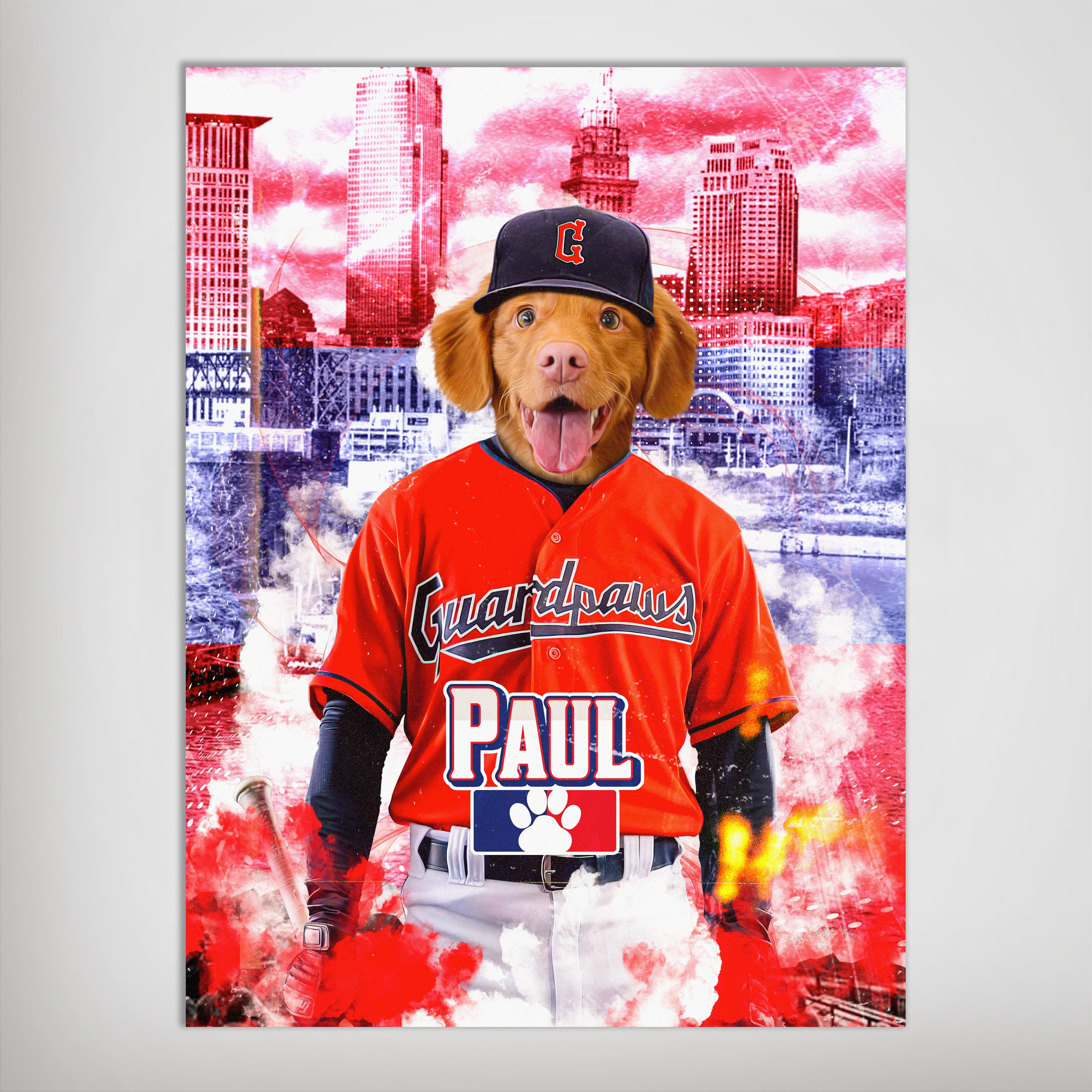 Personalized 'Cleveland Guardpaws' pet poster featuring a dog in an orange baseball uniform and cap.