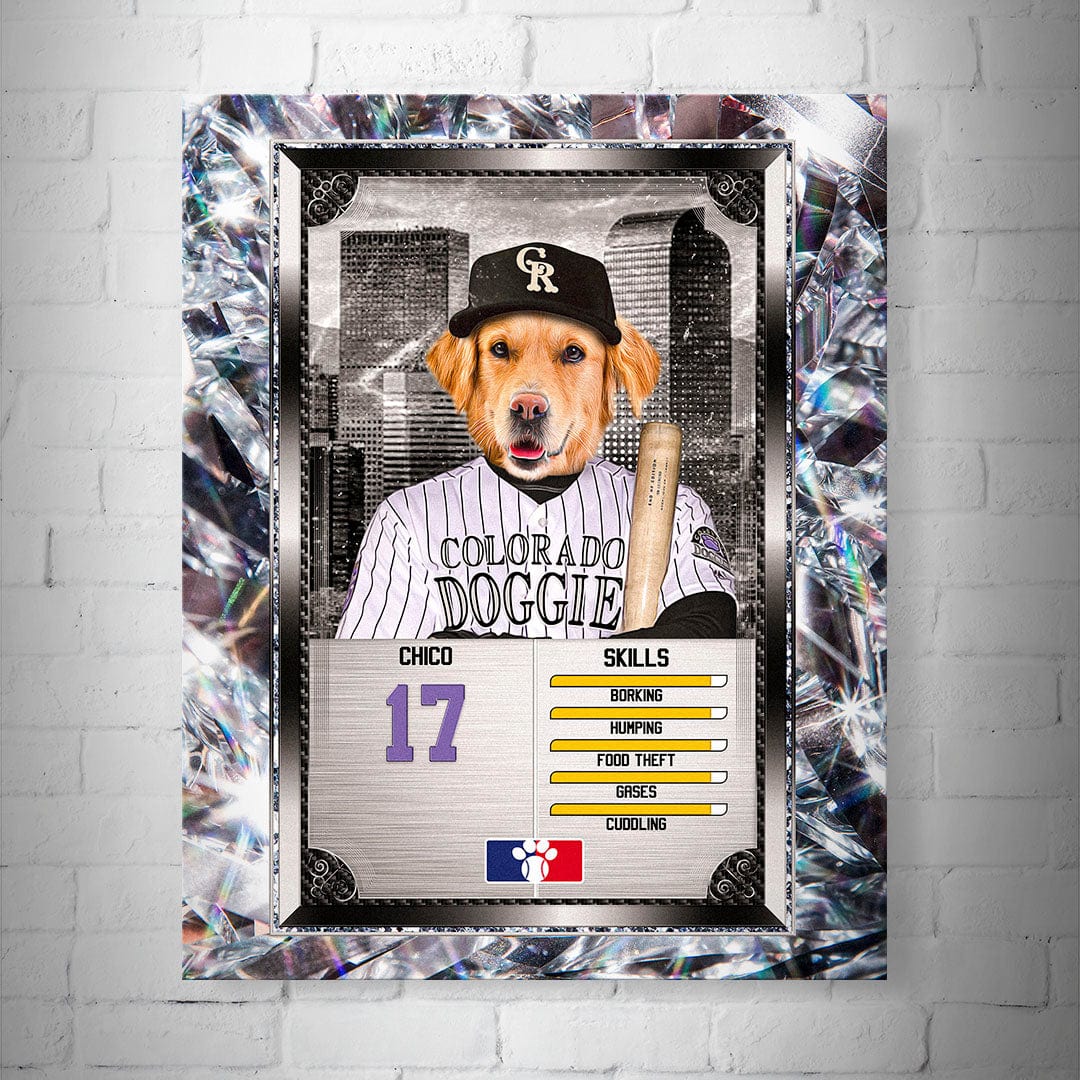 Personalized 8x10" matte poster featuring a golden retriever in a "Colorado Doggie" baseball jersey and cap, framed by sparkling diamonds.