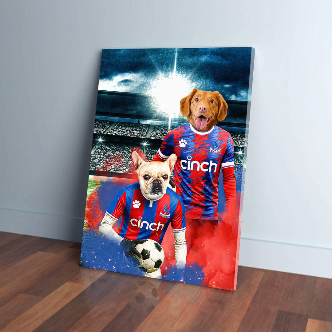Personalized canvas featuring two dogs in red and blue Crystal Palace football jerseys on a stadium background.