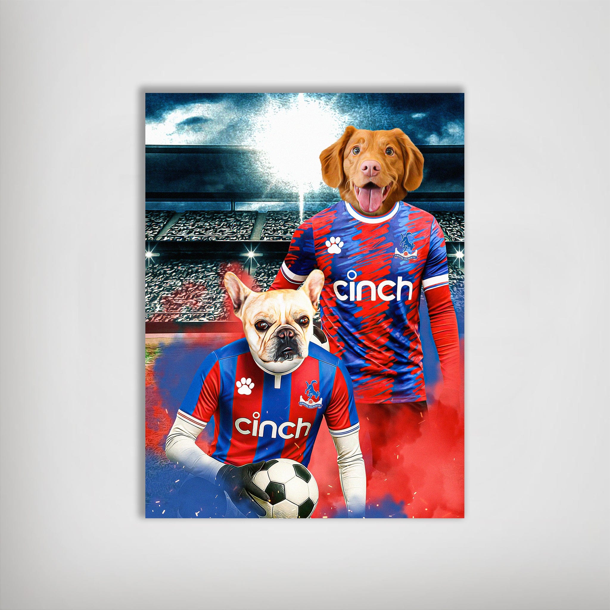 Personalized Crystal Palace Doggos Football poster featuring two pets in red and blue jerseys with a soccer stadium background.