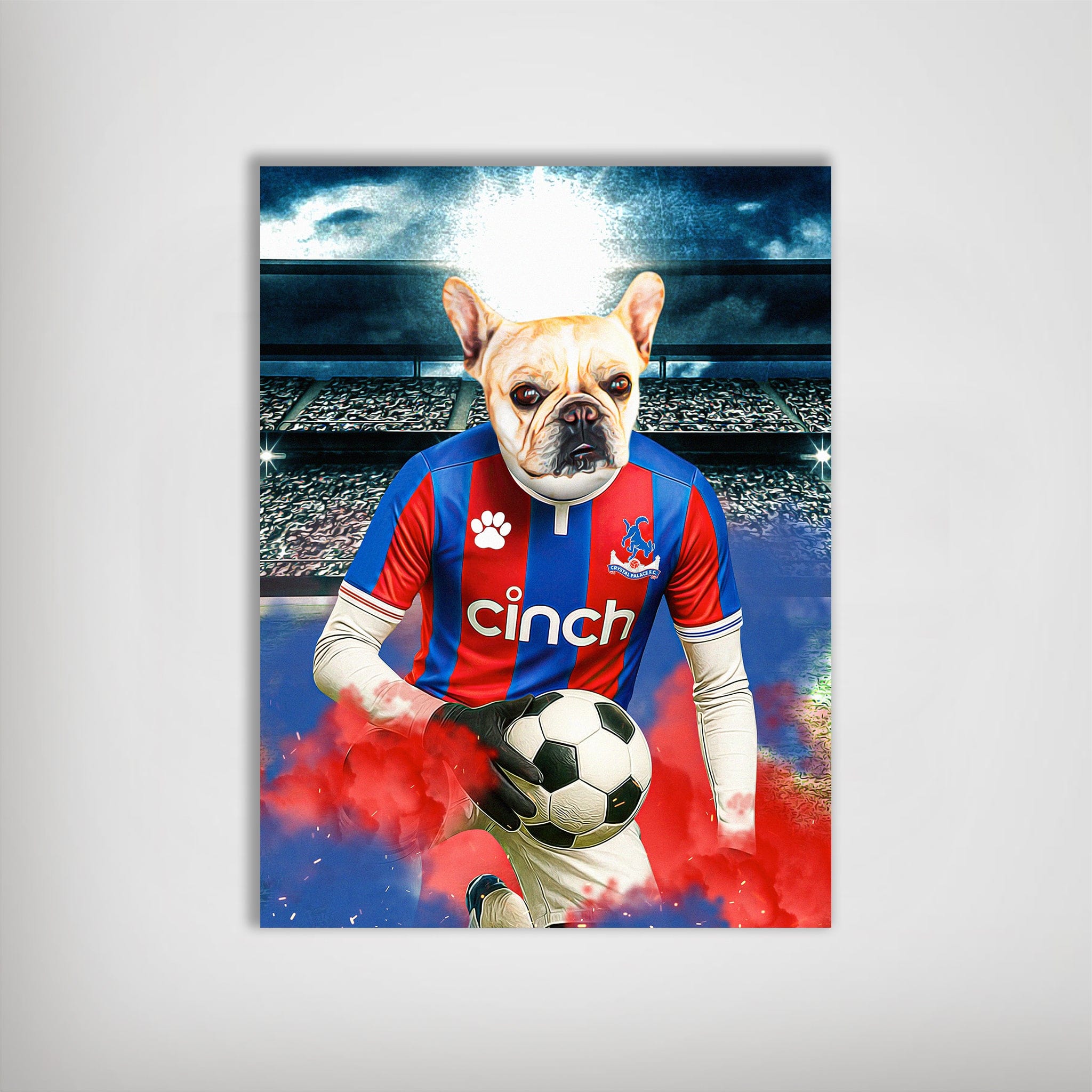 Personalized matte poster of a French Bulldog in a red and blue Crystal Palace football kit holding a soccer ball.