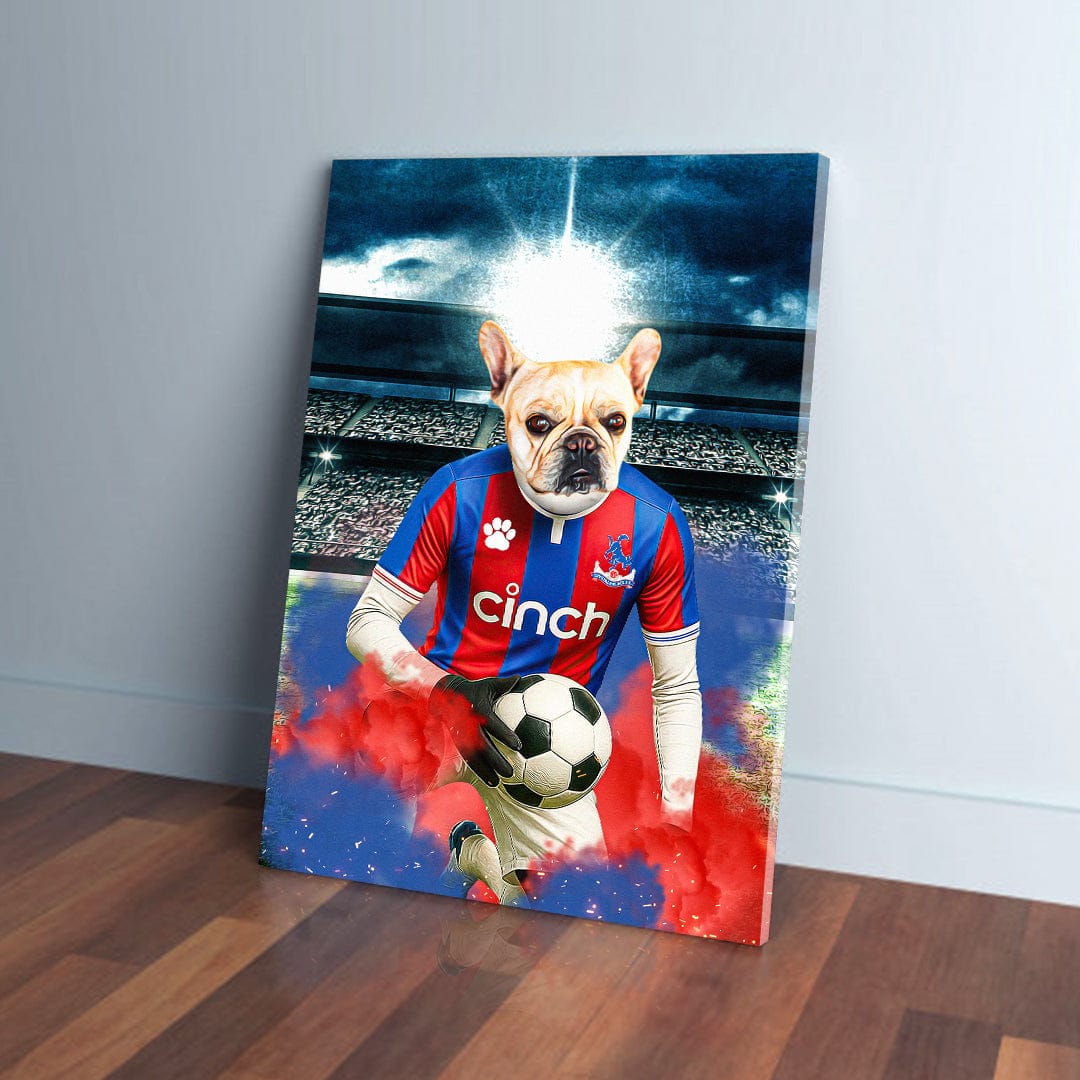 Personalized pet canvas featuring a French Bulldog in a Crystal Palace football kit, holding a soccer ball.