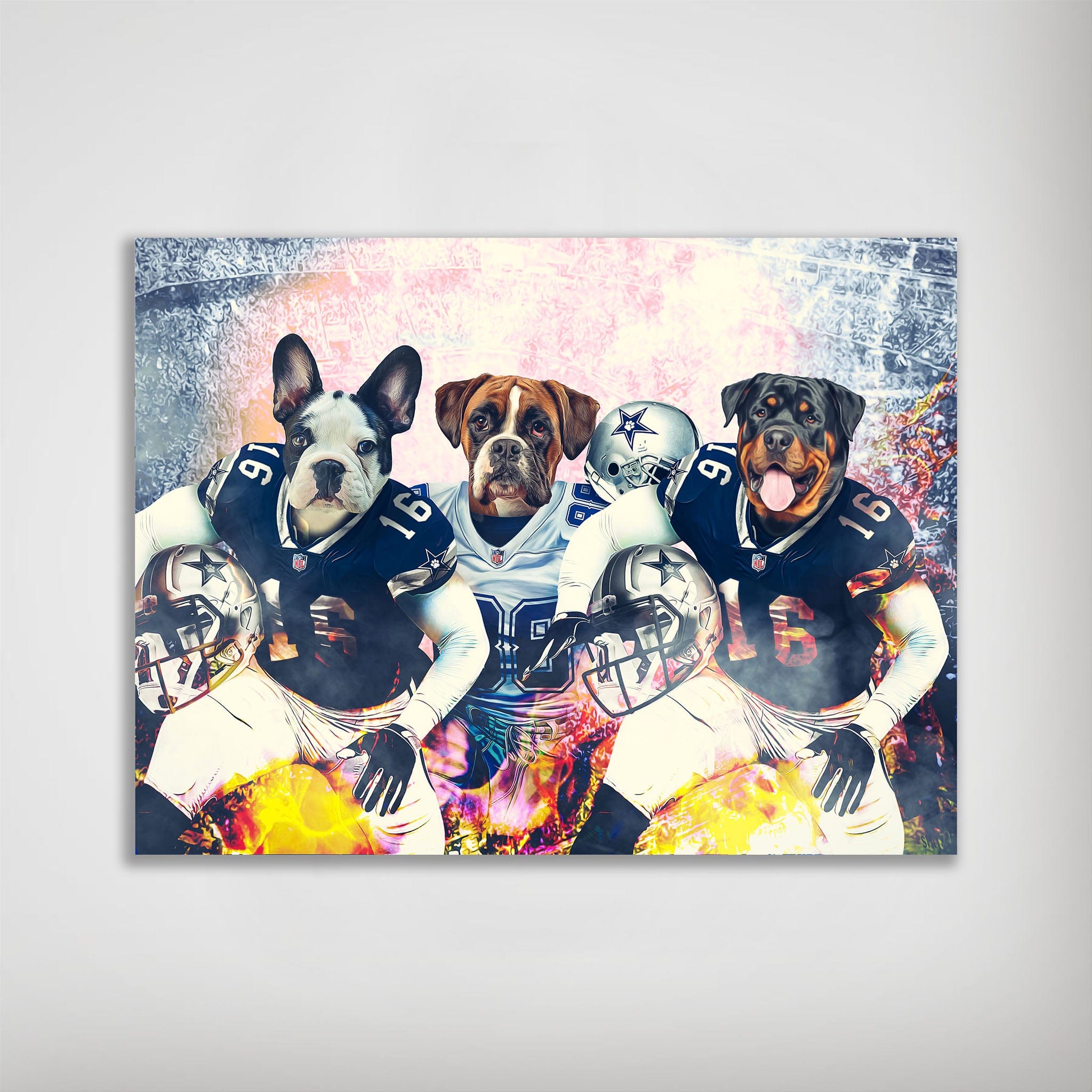 Personalized 3-pet poster featuring a French Bulldog, Boxer, and Rottweiler in Dallas Cowboys football uniforms.