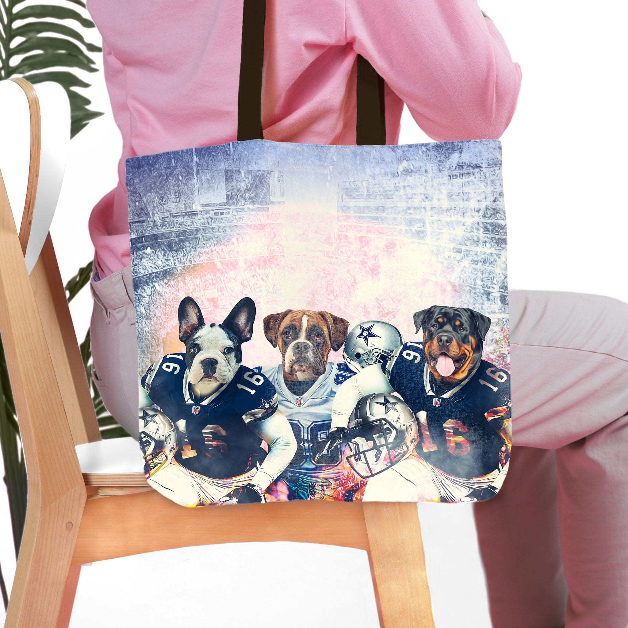 Personalized 3-pet tote bag with dogs in football uniforms against a stadium background.