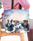 Personalized 3-pet tote bag with dogs in football uniforms against a stadium background.