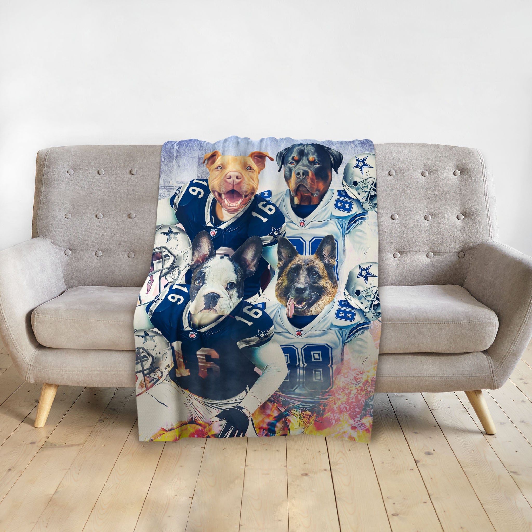Personalized Dallas Doggos 4 pet blanket with dogs in football jerseys on a couch.