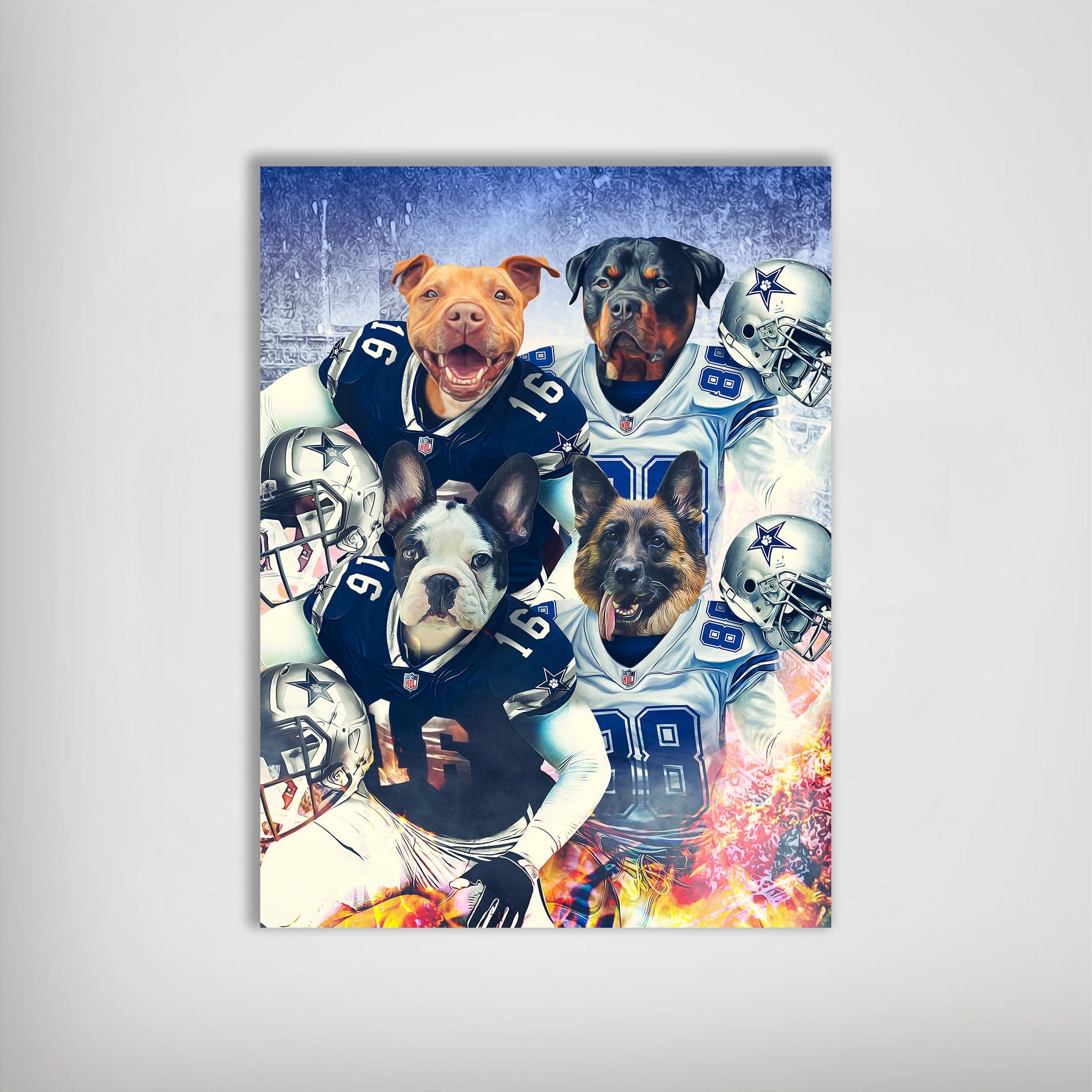 Personalized Dallas Doggos poster featuring four pets in Cowboys football uniforms and helmets.