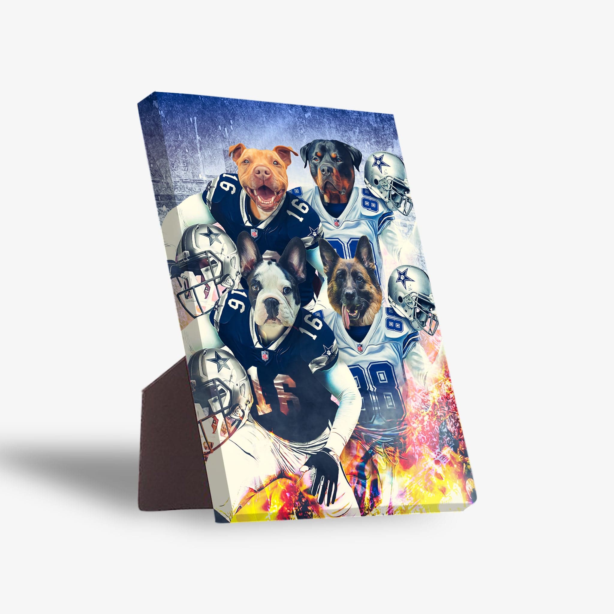 Personalized Dallas Doggos 4-pet standing canvas featuring dogs in football jerseys with helmets.