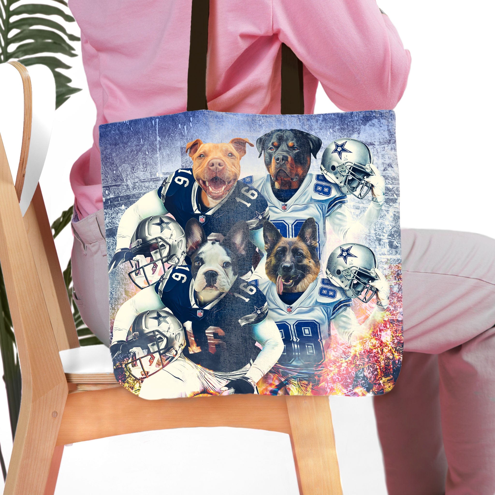 Personalized 4-pet tote bag with dogs in football uniforms and helmets.