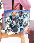 Personalized 4-pet tote bag with dogs in football uniforms and helmets.