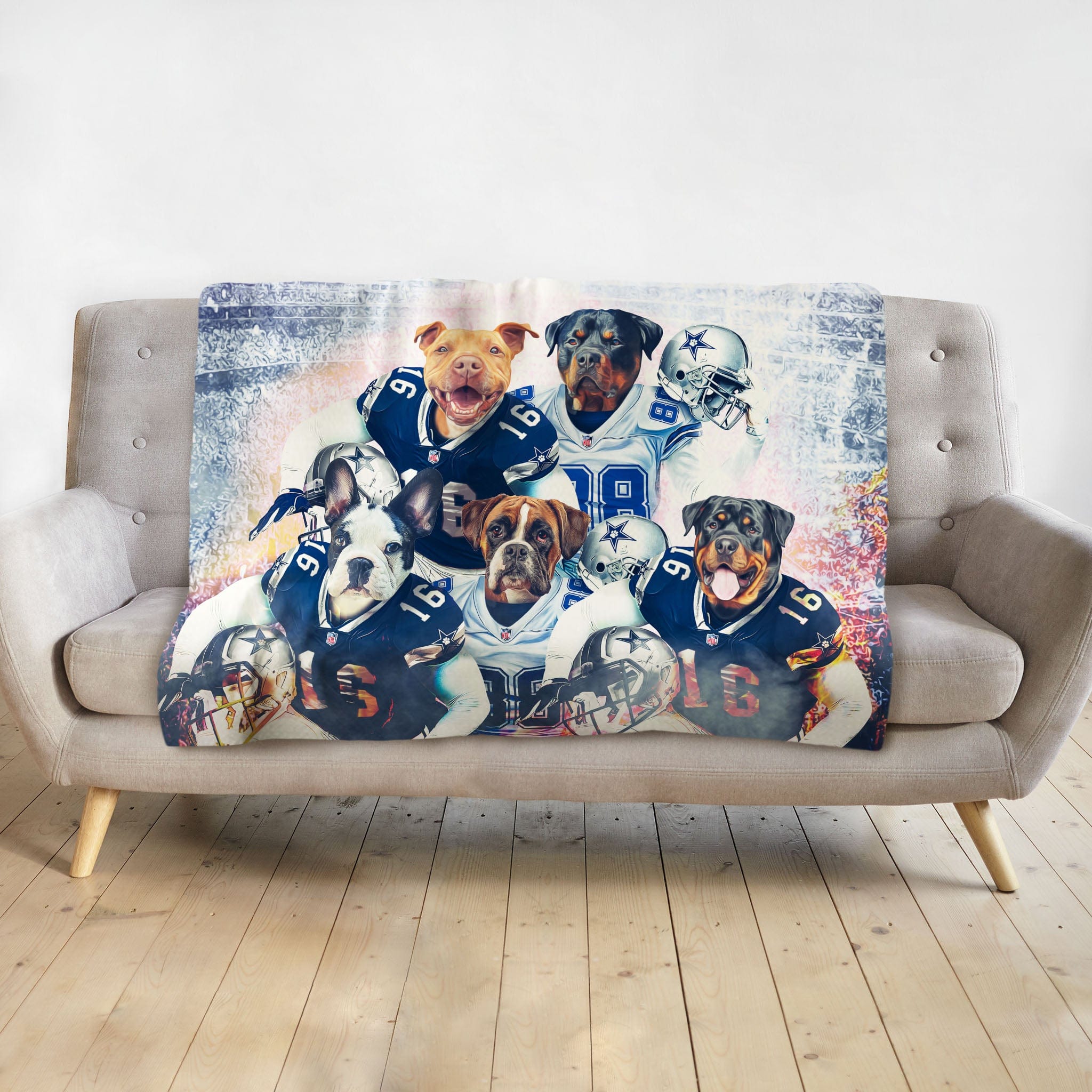 Personalized 5-pet blanket with dogs in football uniforms, Dallas Doggos style.