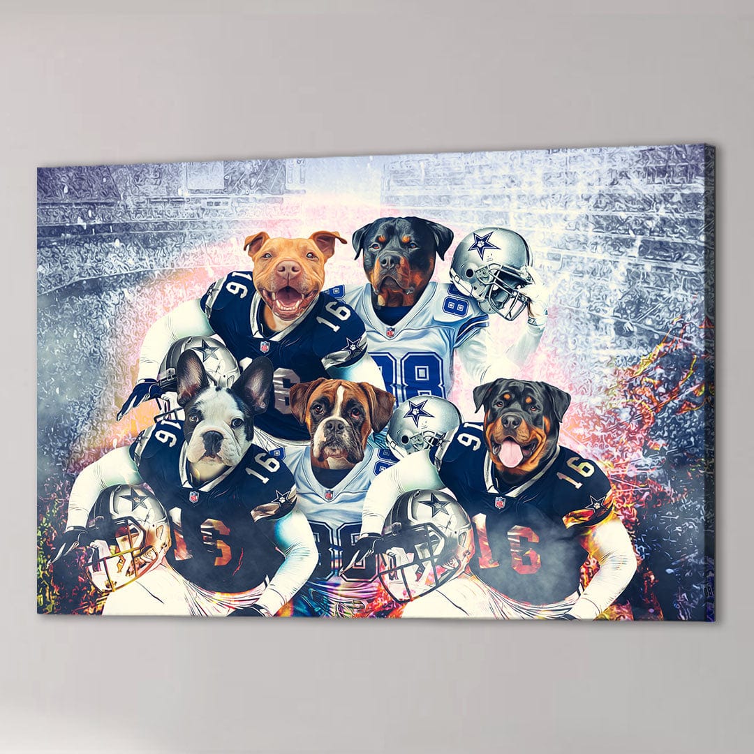 Personalized canvas featuring five dogs in Dallas Cowboys football uniforms.
