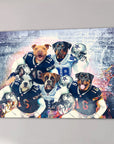 Personalized canvas featuring five dogs in Dallas Cowboys football uniforms.
