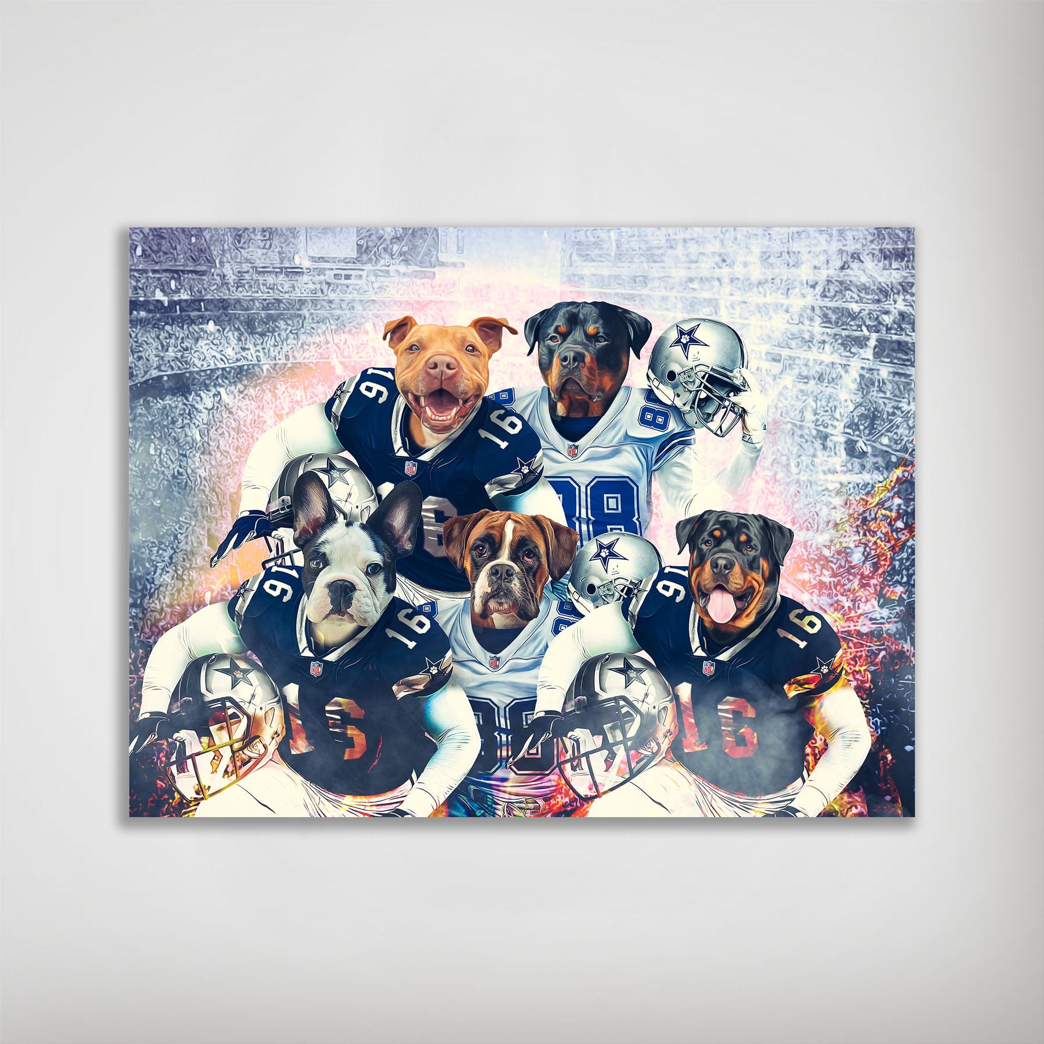 Personalized 'Dallas Doggos' 5 pet poster featuring dogs in football jerseys and helmets.