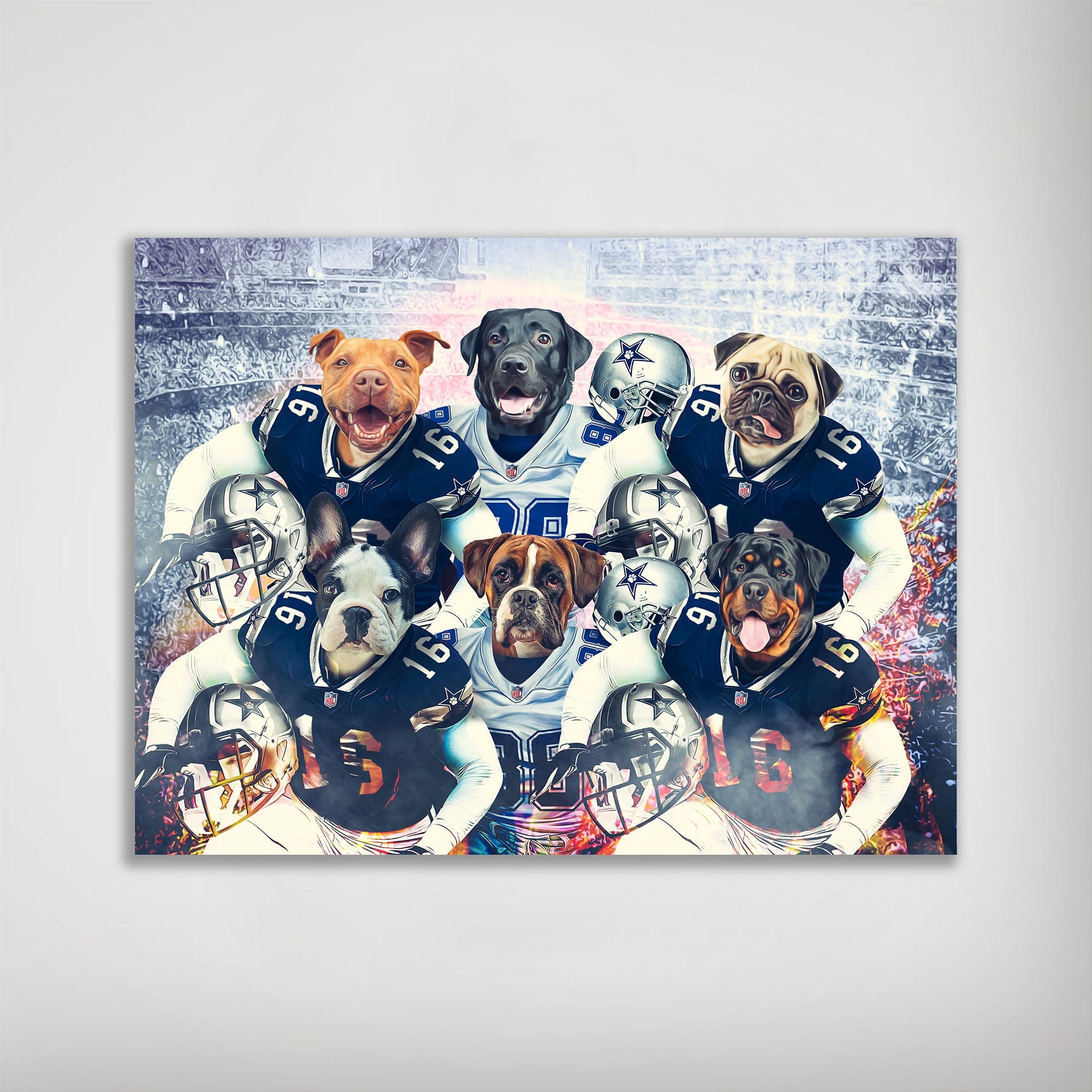 Personalized 6-pet poster featuring dogs in Dallas Cowboys football uniforms against a stadium backdrop.