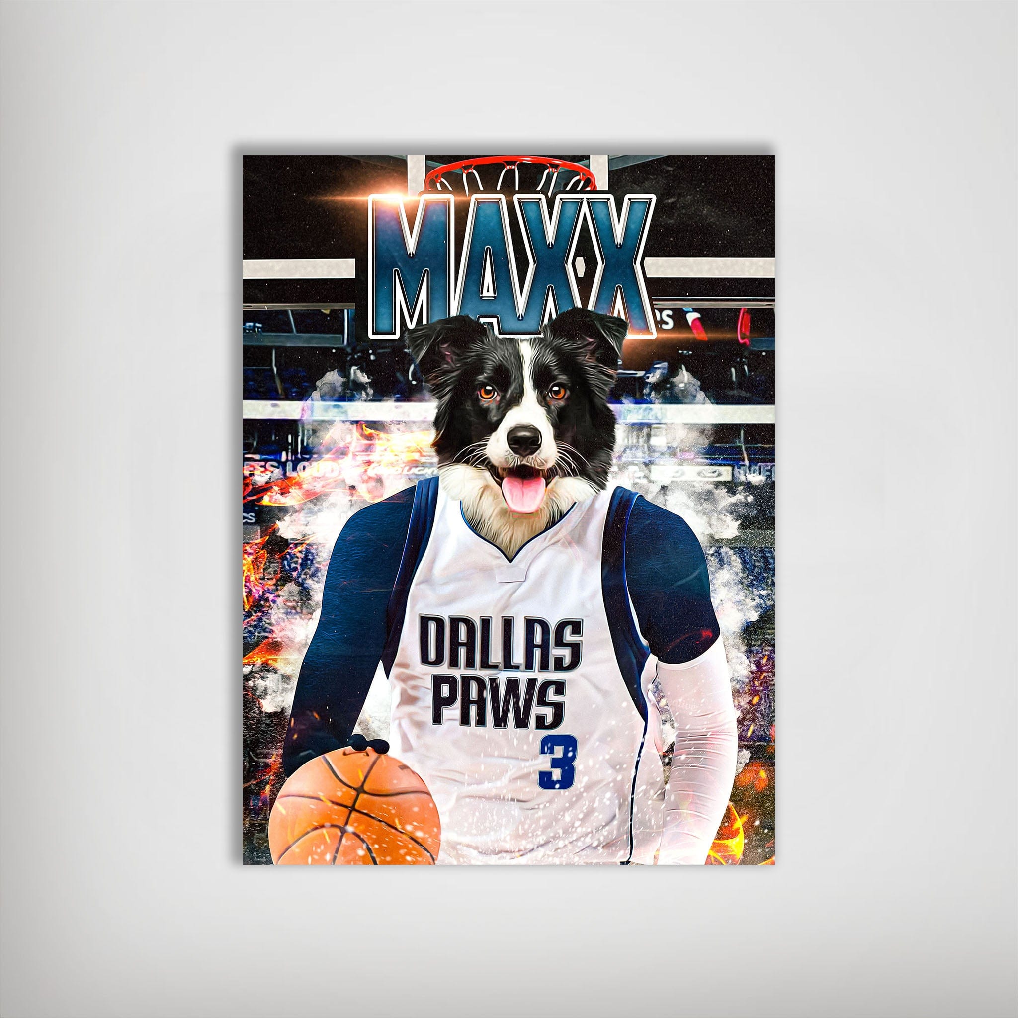 Personalized Dallas Mavericks Doggos poster featuring a Border Collie in a white and blue jersey holding a basketball.